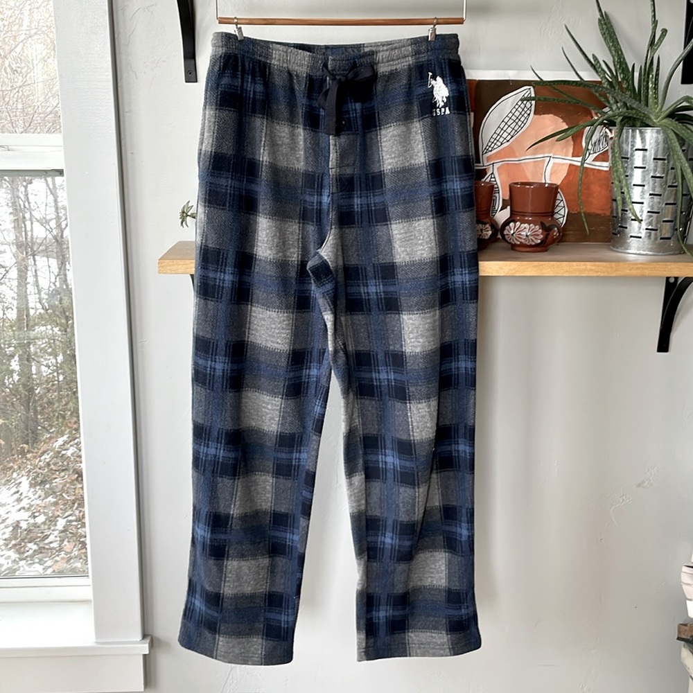 USPA Polo Men’s Gray Navy Blue Plaid Fleece Sleepwear Lounge Pants Size Small